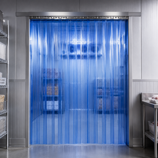 Cortina hawaiana de PVC azul con hilo instalada en entrada de cuarto frío industrial, ideal para baja temperatura y conservación de frío en cámaras frigoríficas.
