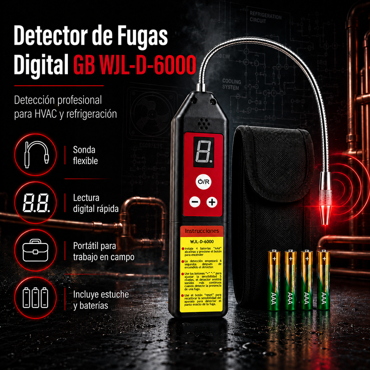 Detector de fugas digital GB WJL-D-6000. Detecta refrigerantes halogenados con sensibilidad ajustable, pantalla digital y sonda flexible. Incluye estuche.
