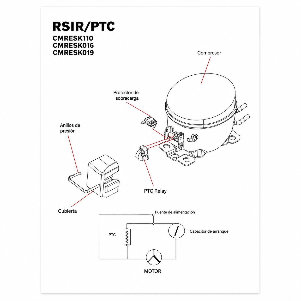 Compresor Sikelan R134a LBP de 1/6 HP con capacitor, relevador, gomas y herrajes de montaje