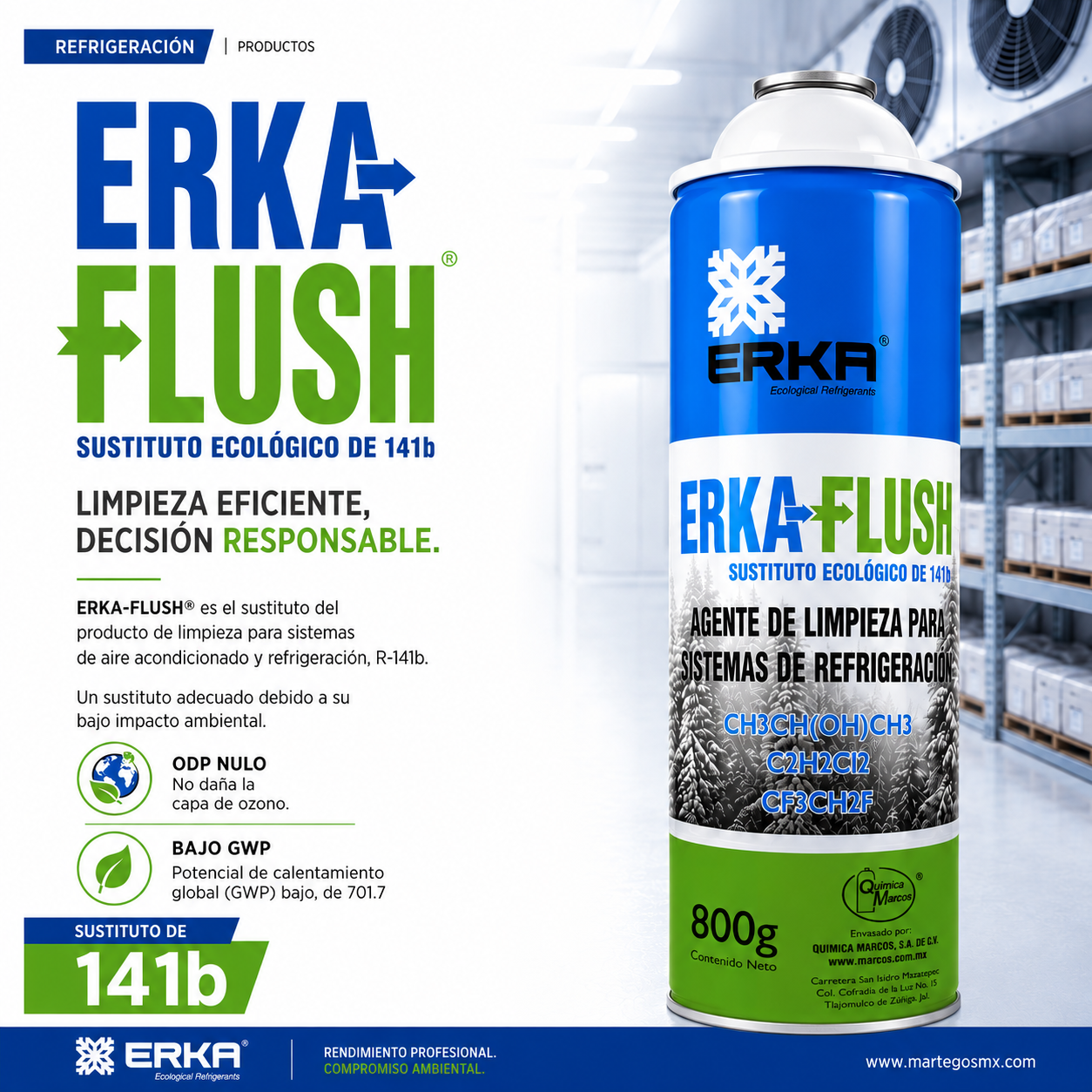 Erka Flush 800 gr — agente de limpieza ecológico para sistemas de refrigeración y aire acondicionado, sustituto R-141b, ODP nulo, bajo GWP, México