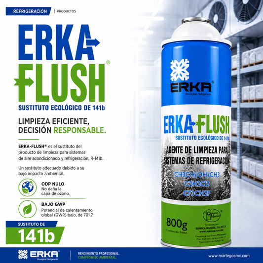 Erka Flush 800 gr — agente de limpieza ecológico para sistemas de refrigeración y aire acondicionado, sustituto R-141b, ODP nulo, bajo GWP, México