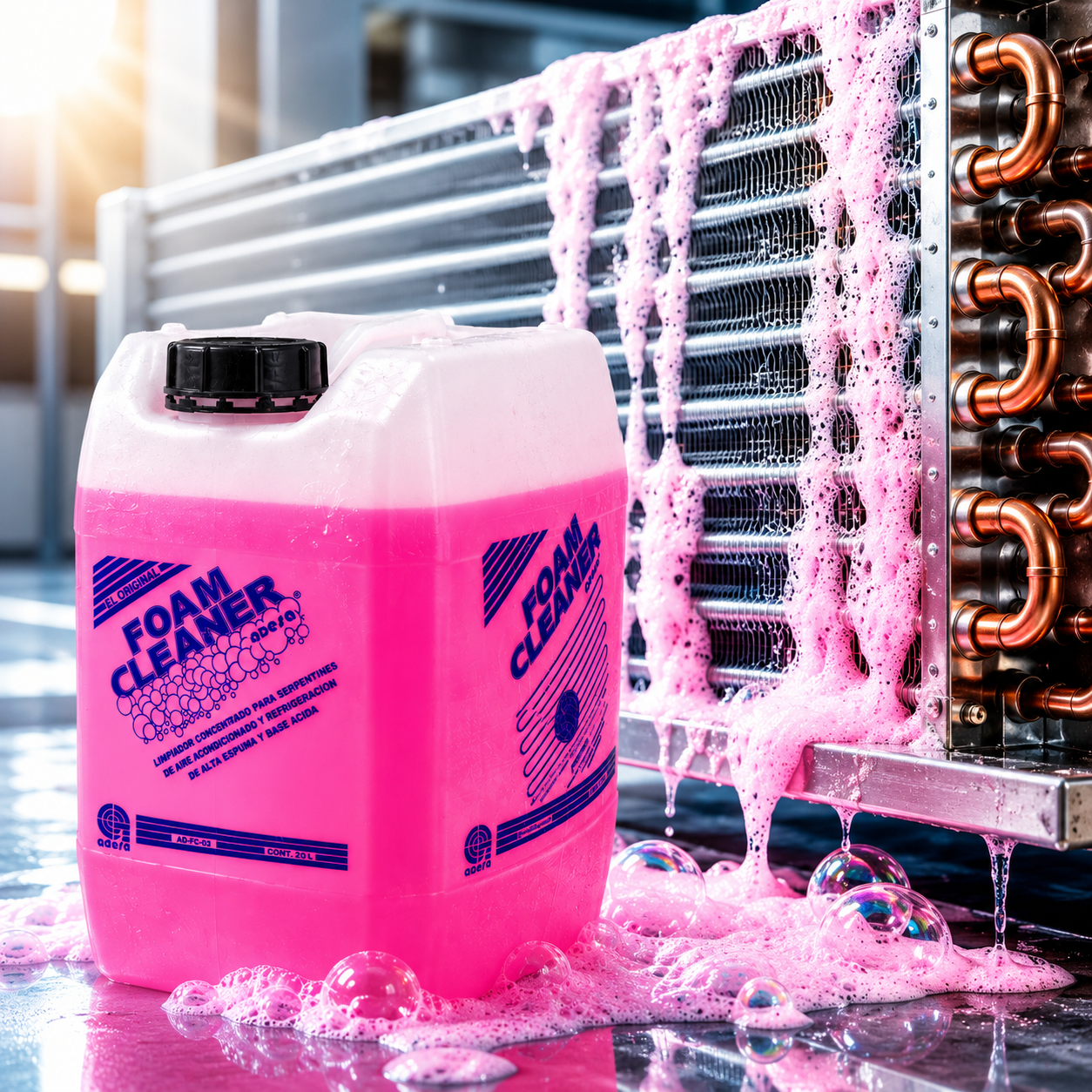 Foam Cleaner Adesa 20 litros – limpiador concentrado en espuma para serpentines de aire acondicionado y refrigeración, uso profesiona