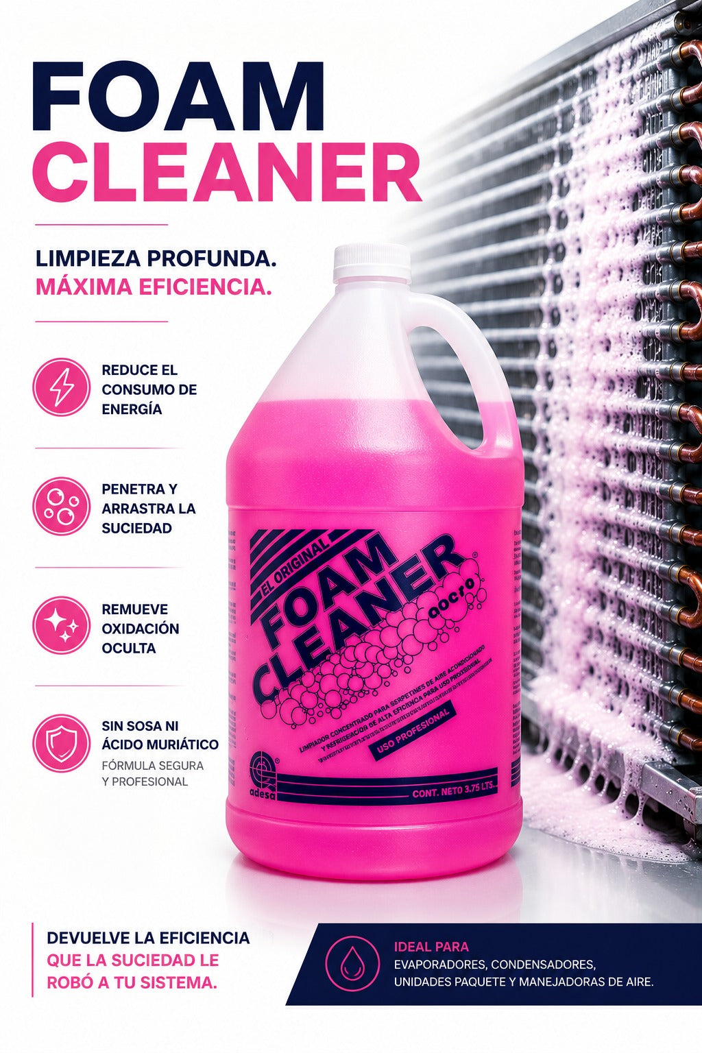 Foam Cleaner Adesa 3.75 litros – limpiador concentrado en espuma para serpentines de aire acondicionado y refrigeración, uso profesional