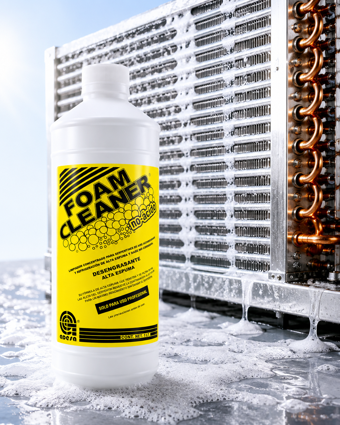 Foam Cleaner Alcalino Adesa no-ácido 1 lt aplicado en serpentín de condensador — limpiador desengrasante de alta espuma para mantenimiento profesional de A/C