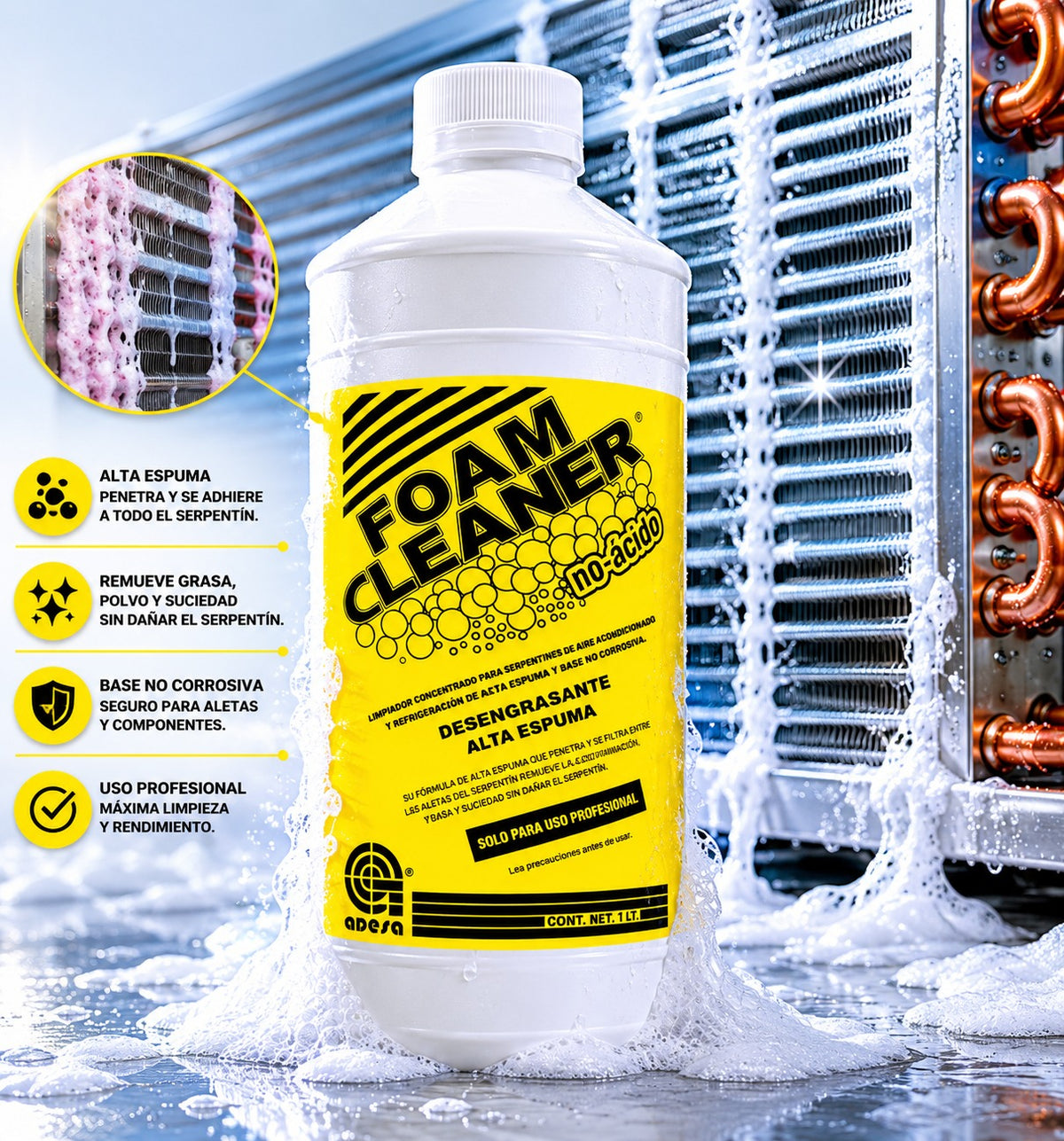 Foam Cleaner Alcalino Adesa no-ácido 1 lt aplicado en serpentín de condensador — limpiador desengrasante de alta espuma para mantenimiento profesional de A/C