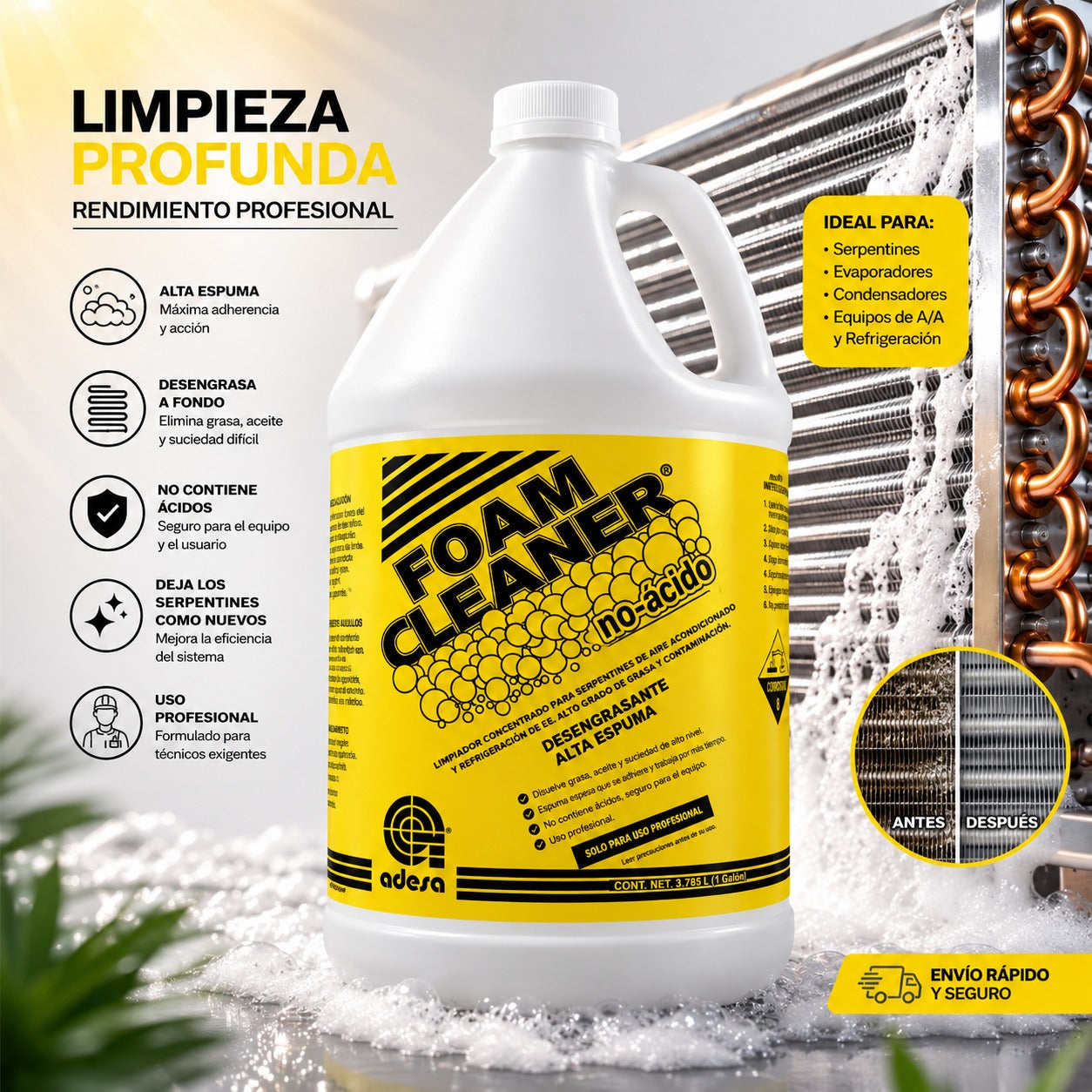 Foam Cleaner Adesa no-ácido 3.785 litros, desengrasante de alta espuma para serpentines de aire acondicionado, uso profesional