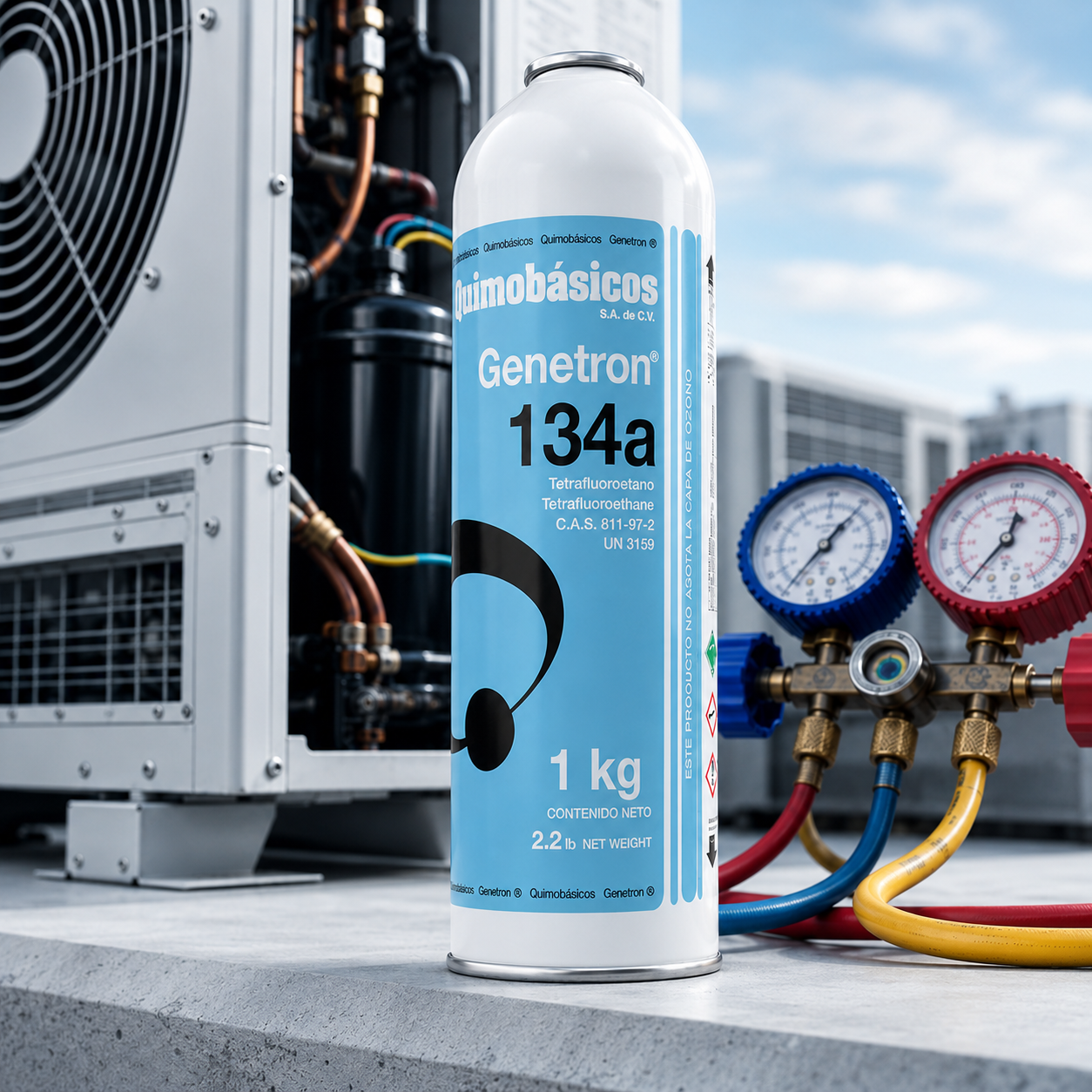 Gas refrigerante R-134a Genetron 1 kg Quimobásicos — para refrigeración automotriz y comercial, con manifold de presiones.