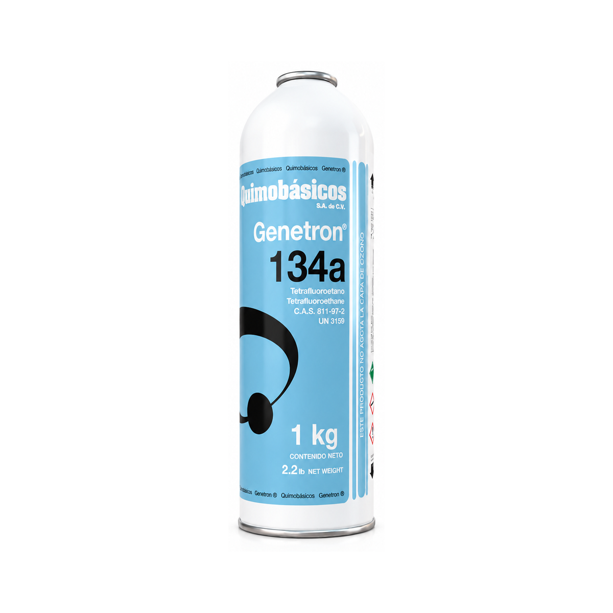 Gas refrigerante R-134a Genetron 1 kg Quimobásicos — para refrigeración automotriz y comercial, con manifold de presiones.