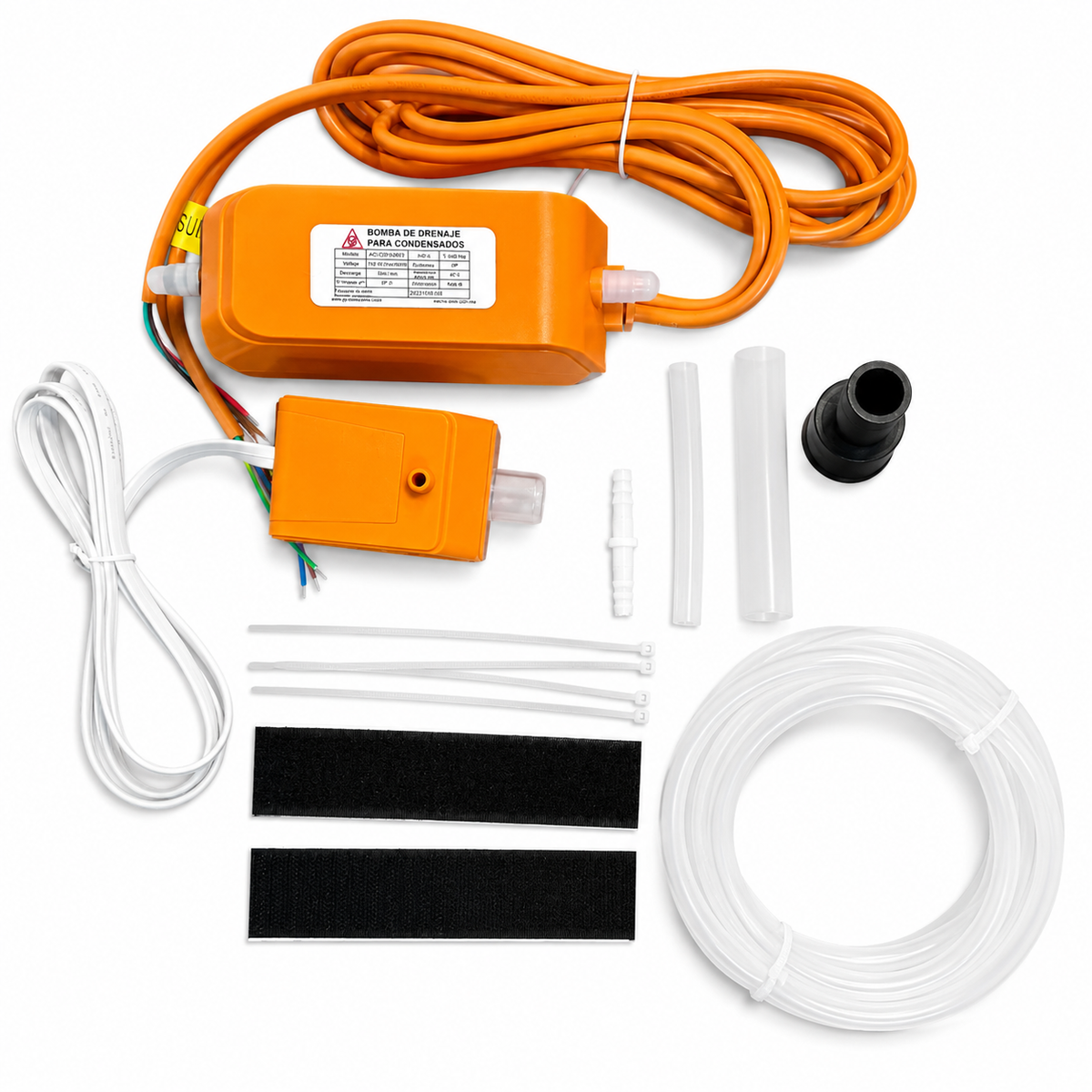 Mini bomba de condensados GB AC-CDP18-MO2 para minisplit hasta 30,000 BTU. Descarga 10 m, flujo 18 L/h y solo 19 dB. Incluye tanque con sensor y accesorios.