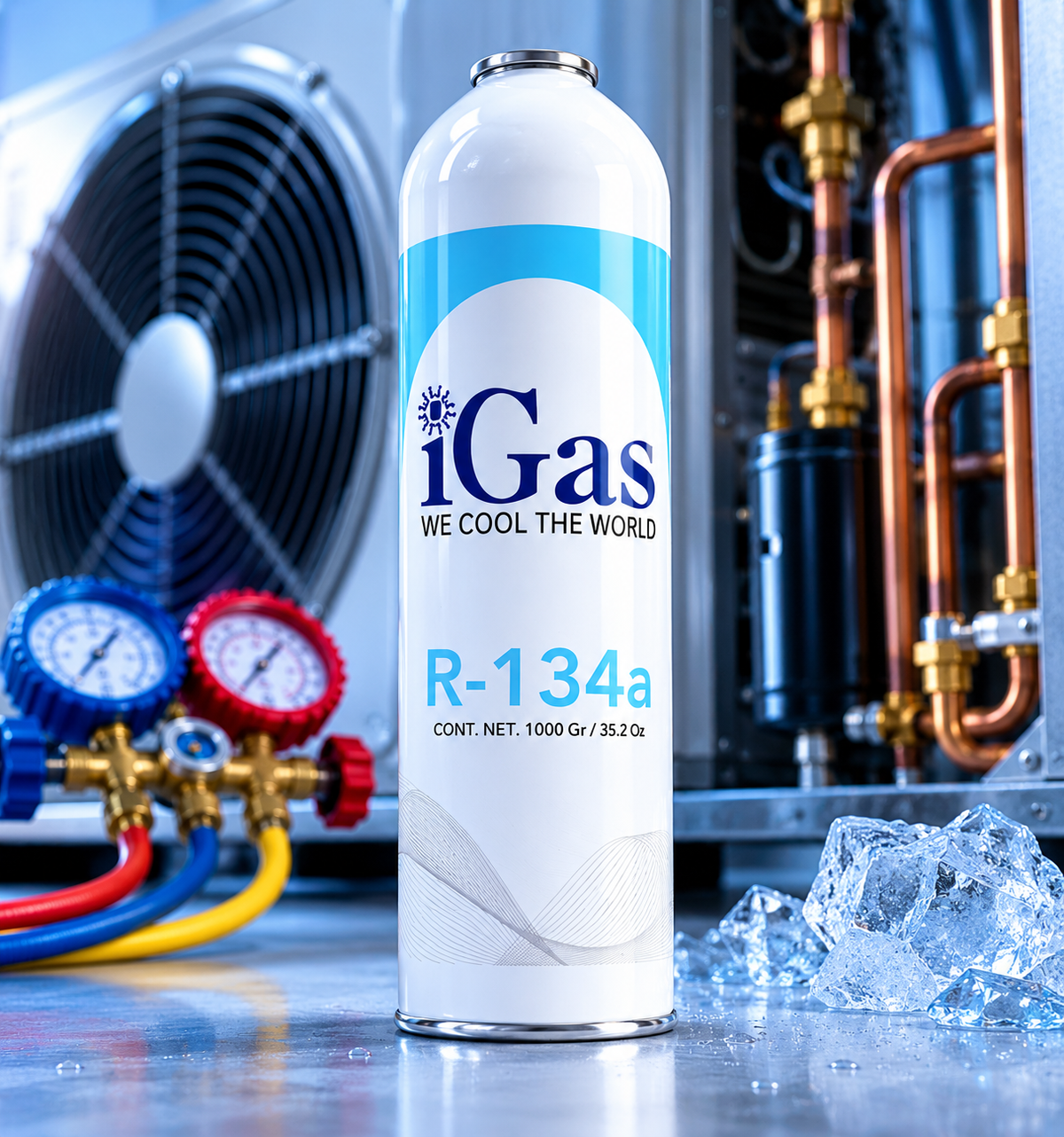 Gas refrigerante R-134a iGas 1 kg — para refrigeración automotriz y comercial.