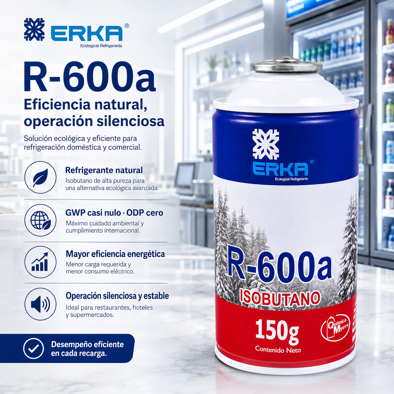 Gas refrigerante R-600a Erka Isobutano 150 gr — refrigerante ecológico natural para refrigeración doméstica y comercial, ODP cero, GWP mínimo
