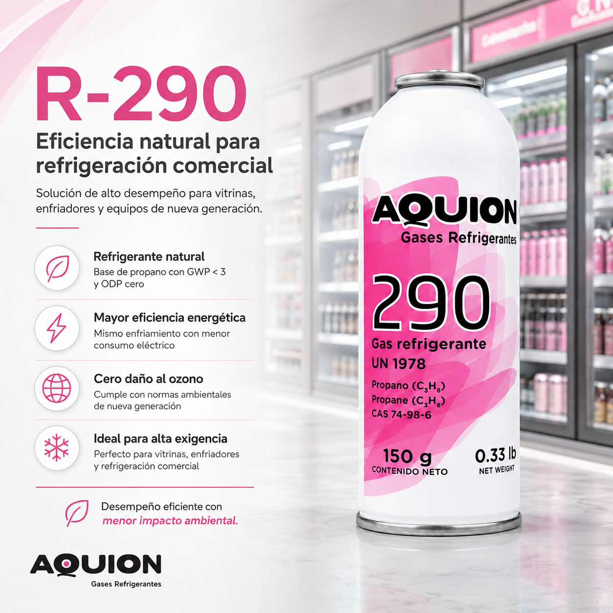Gas refrigerante R-290 propano Aquion 150g, lata individual con caja de 20 unidades, etiqueta de inflamable