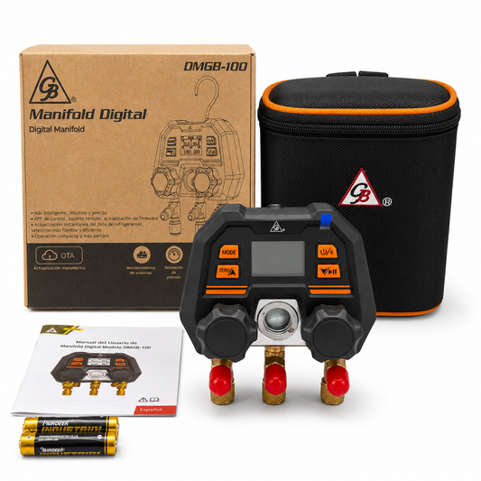 Manifold digital GB DMGB-100 con Bluetooth y app. Rango -14 a 800 psi, vacío, retención de presión y +100 refrigerantes actualizables. Incluye estuche.