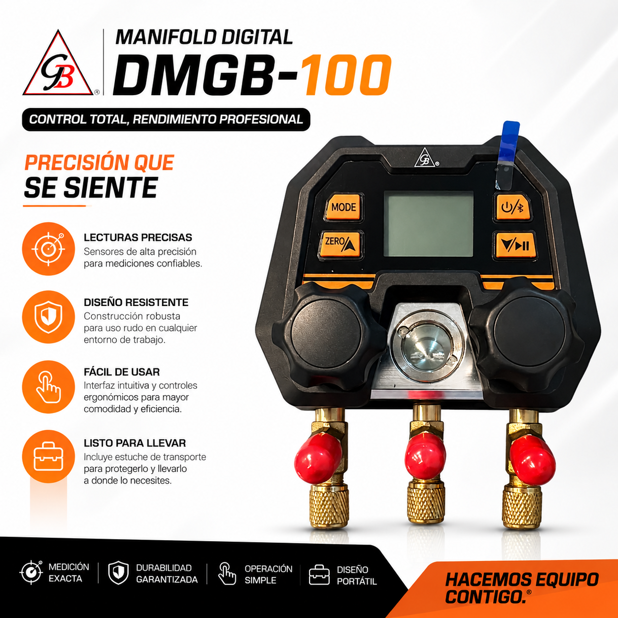Manifold digital GB DMGB-100 con Bluetooth y app. Rango -14 a 800 psi, vacío, retención de presión y +100 refrigerantes actualizables. Incluye estuche.