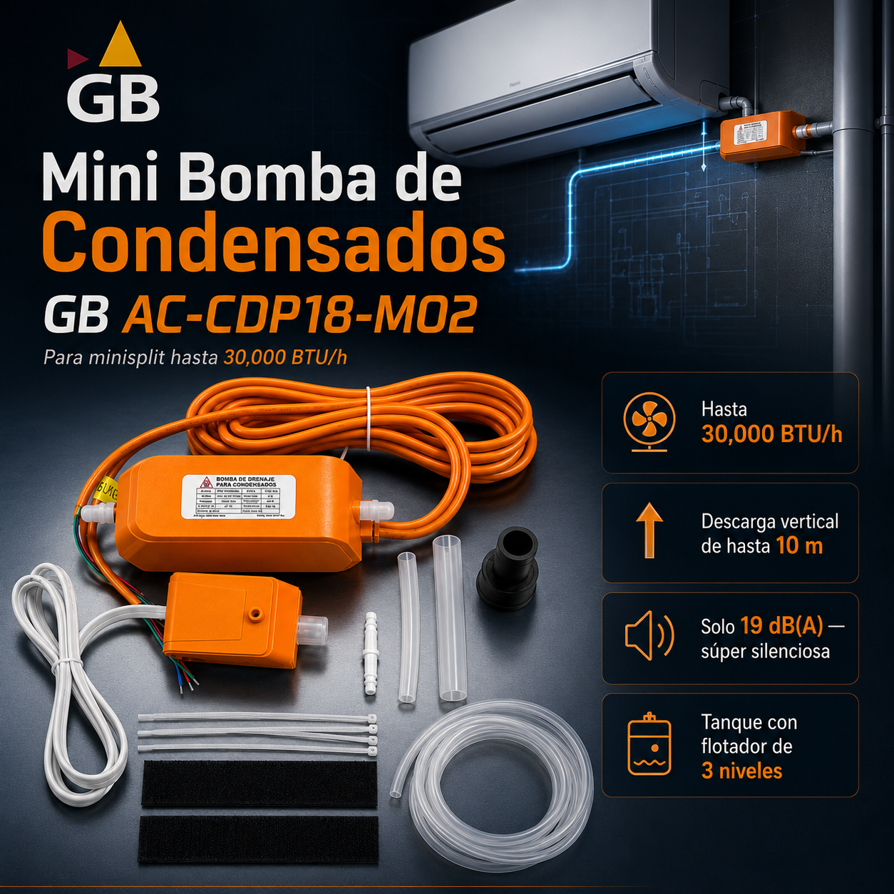 Mini bomba de condensados GB AC-CDP18-MO2 con tanque detector y cableado