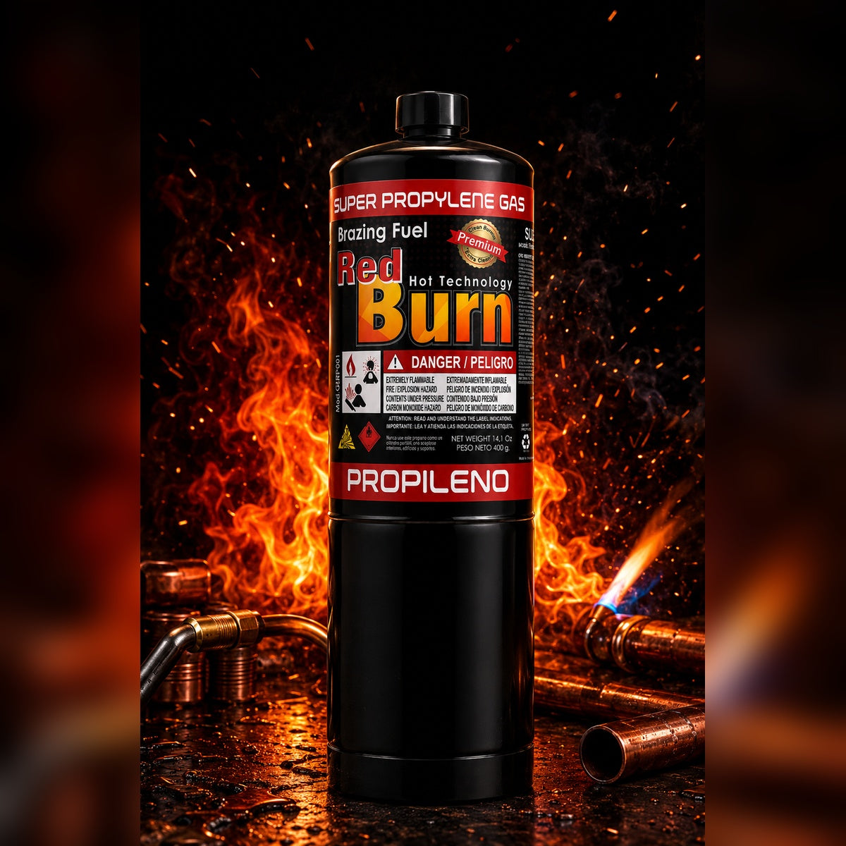 Propileno Red Burn 400 gr — Map Pro Gas para soldadura de cobre en sistemas de refrigeración y aire acondicionado, brazing fuel premium México