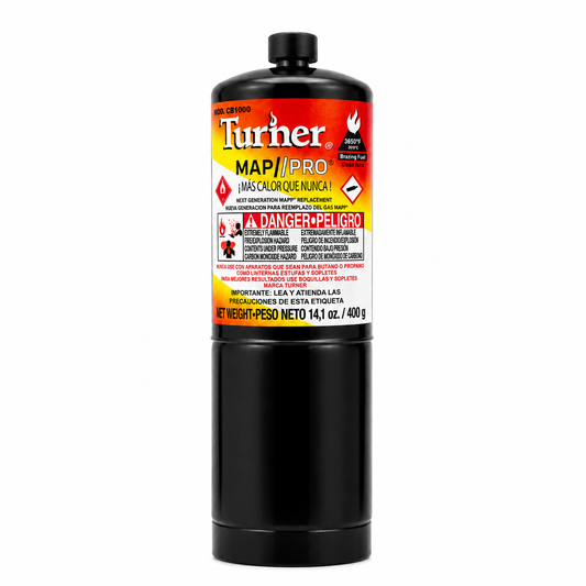 Gas MAP-Pro Turner 400 gr — brazing fuel para soldadura de cobre en refrigeración y aire acondicionado, 3650°F, sustituto MAPP, México