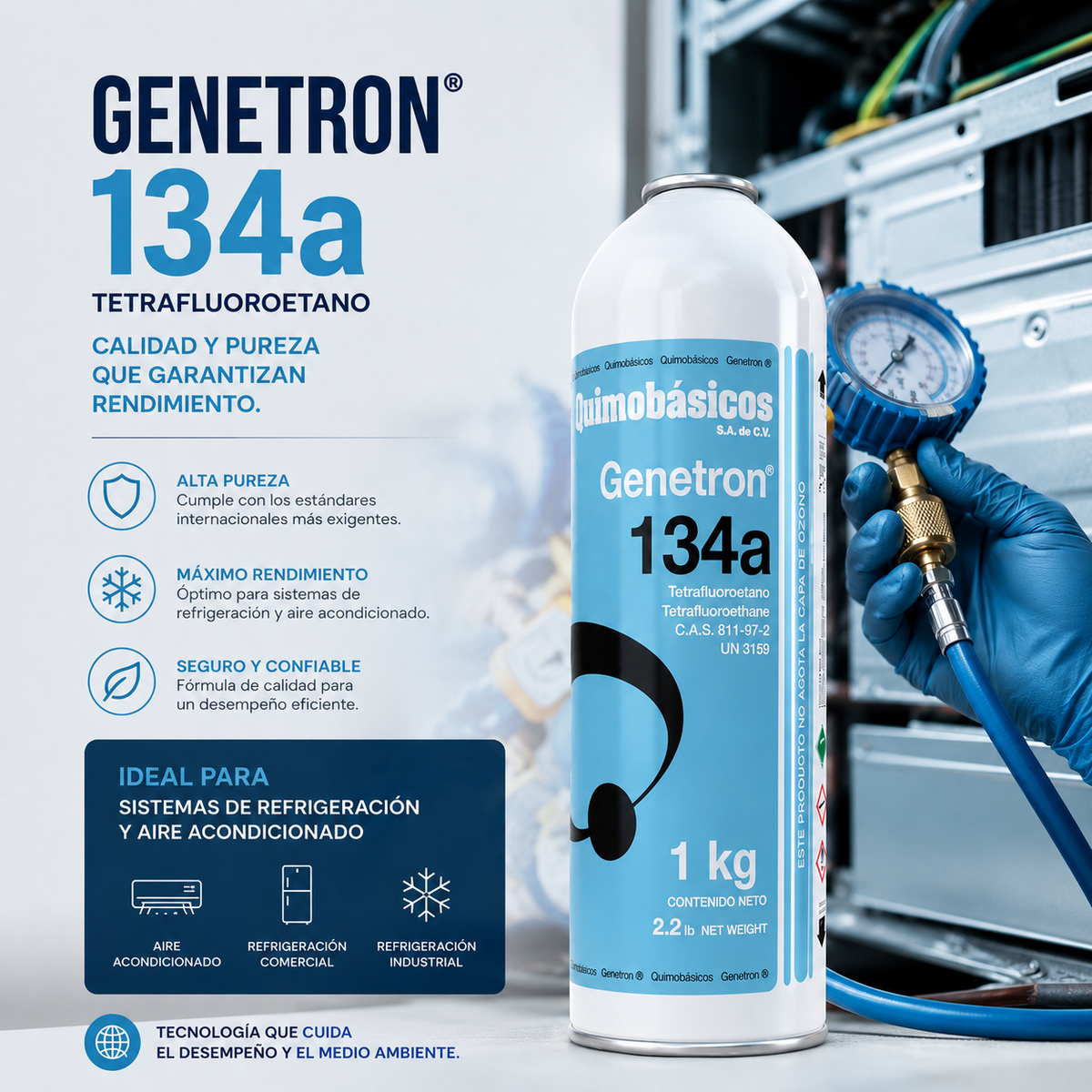 Gas refrigerante R-134a Genetron 1 kg Quimobásicos — para refrigeración automotriz y comercial, con manifold de presiones.