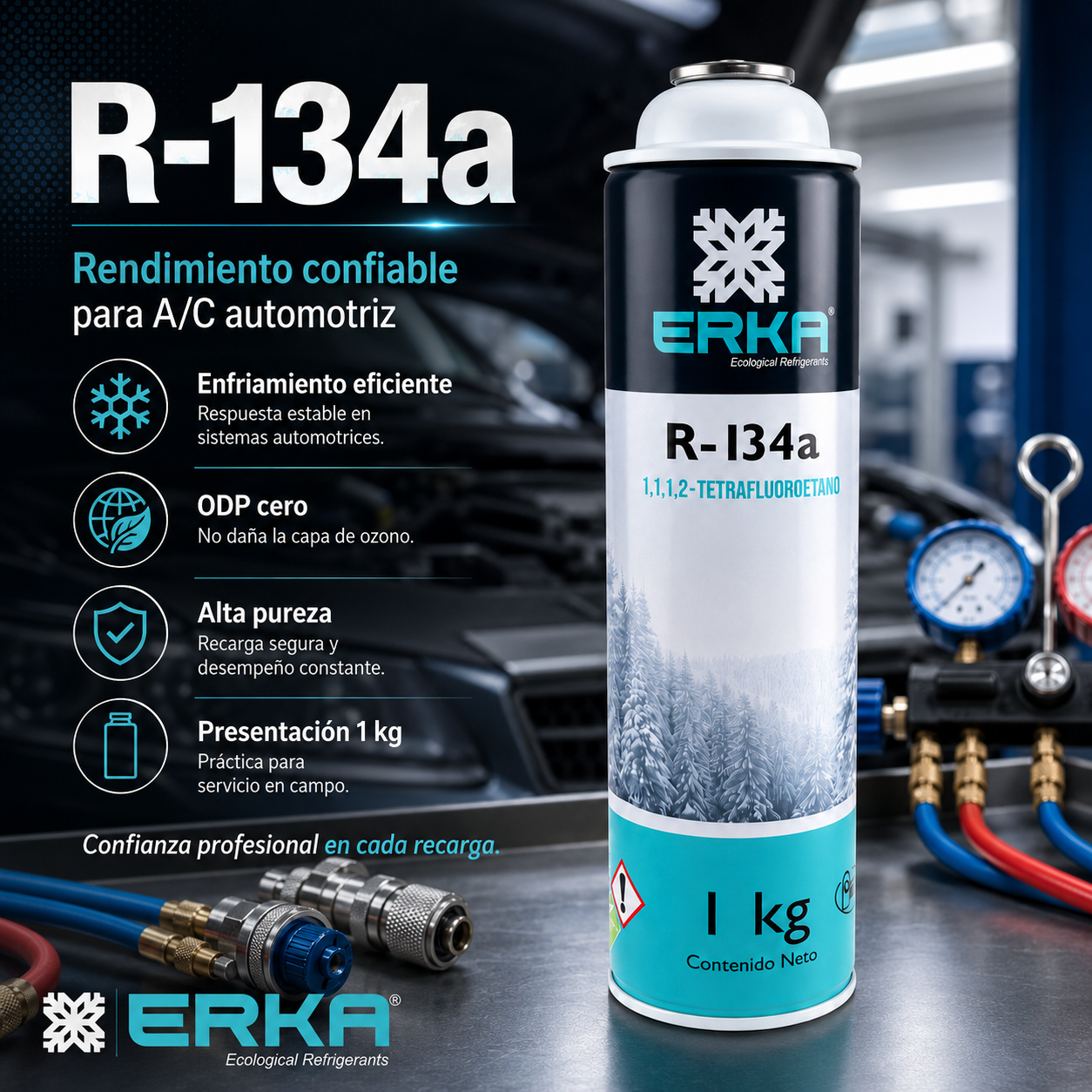 Gas refrigerante R-134a Erka 1 kg, alta pureza y ODP cero, para sistemas de aire acondicionado automotriz