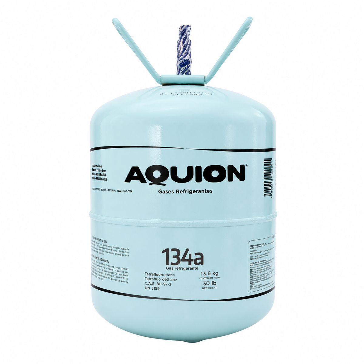 Gas refrigerante R-134a Aquion cilindro 13.6 kg / 30 lb, tetrafluoroetano, uso profesional en refrigeración y aire acondicionado automotriz