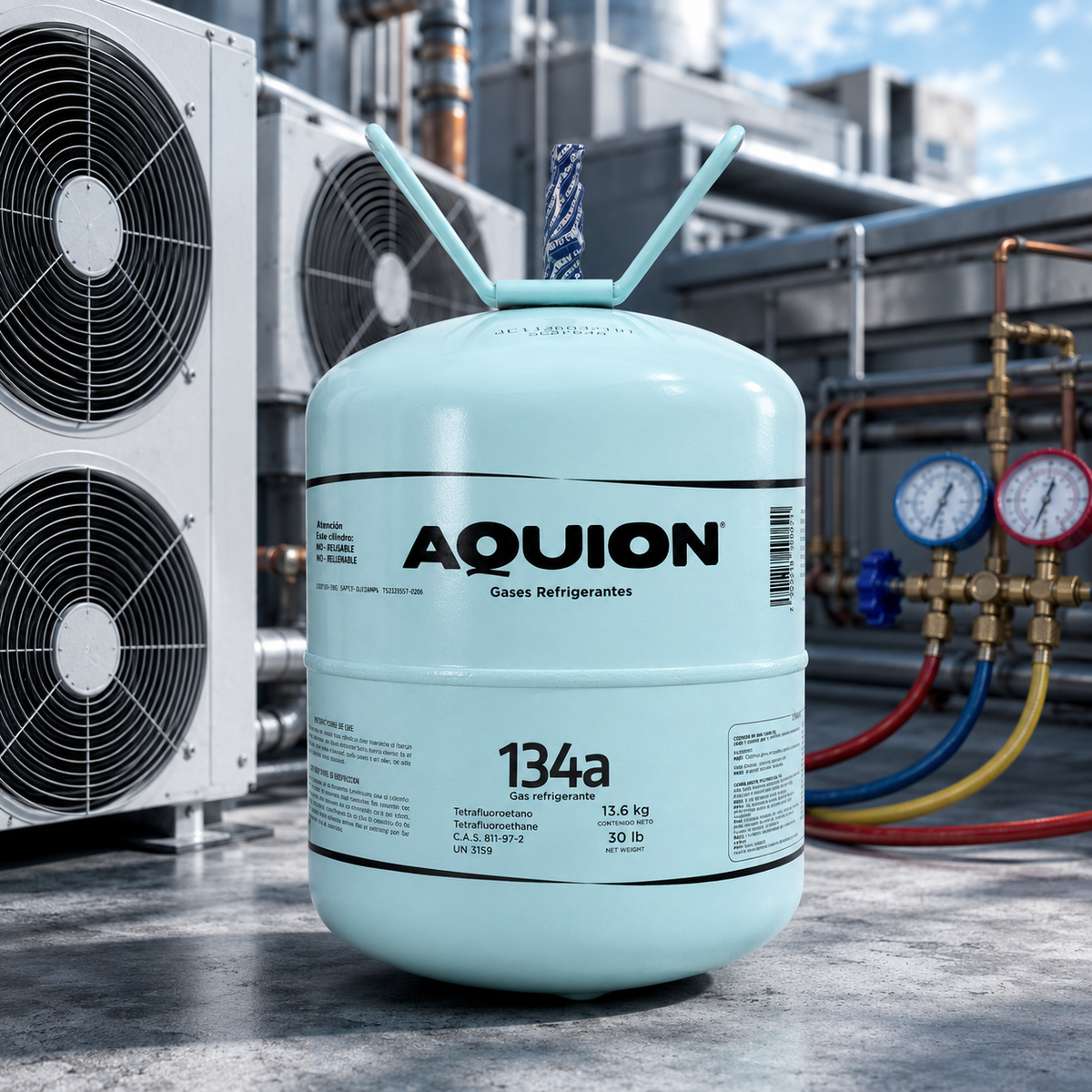 Gas refrigerante R-134a Aquion cilindro 13.6 kg / 30 lb, tetrafluoroetano, uso profesional en refrigeración y aire acondicionado automotriz