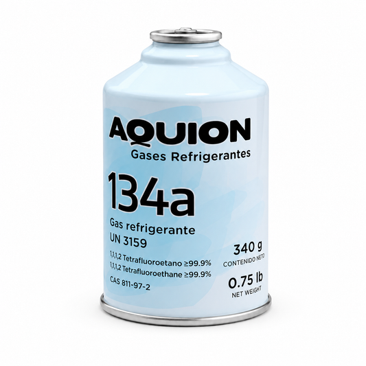 Gas refrigerante R-134a Aquion 340 gr lata — Tetrafluoroetano 99.9% pureza para refrigeración automotriz y comercial en México