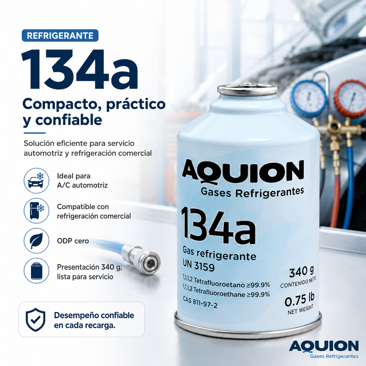 Gas refrigerante R-134a Aquion 340 gr lata — Tetrafluoroetano 99.9% pureza para refrigeración automotriz y comercial en México