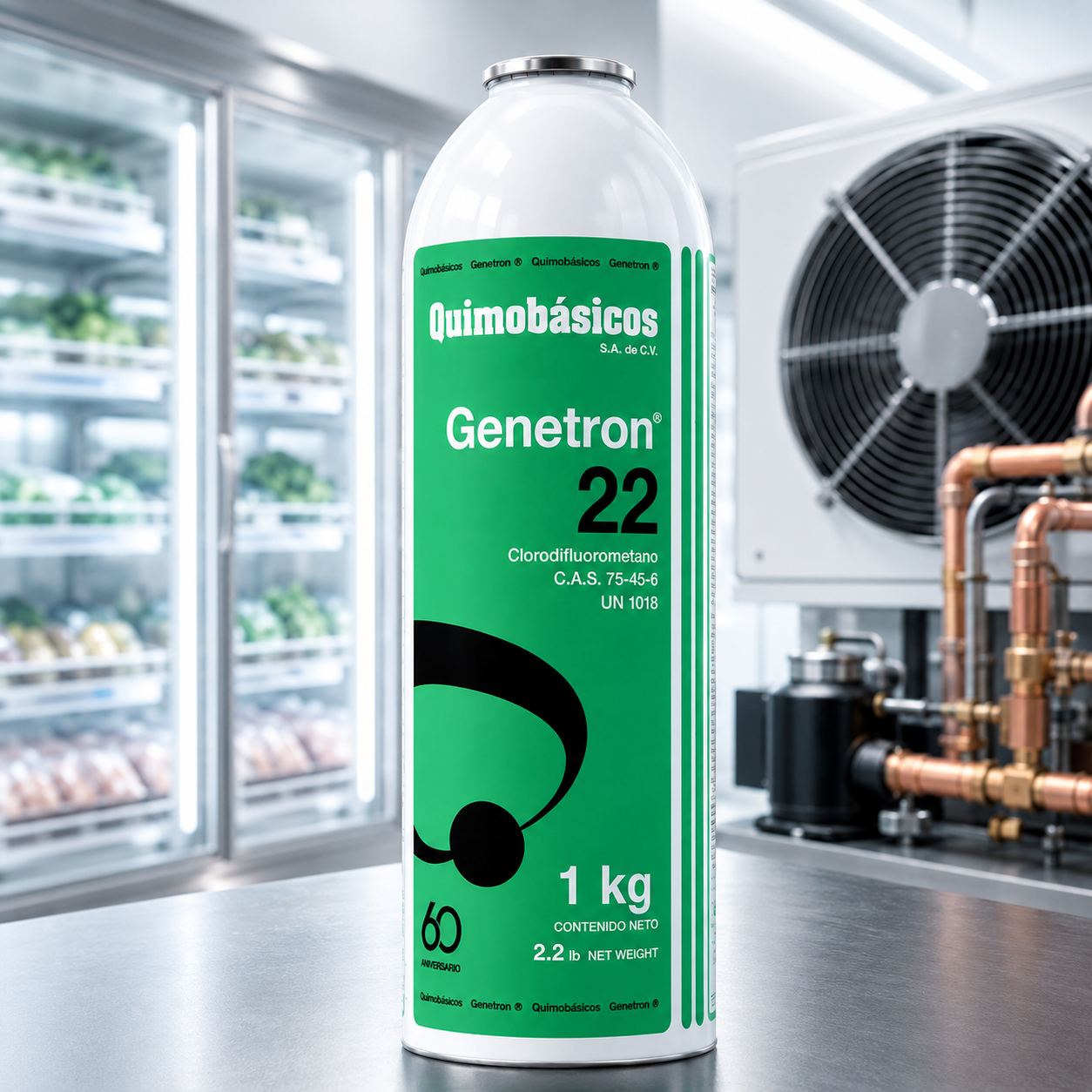Gas refrigerante R-22 Genetron 22 Quimobásicos 1 kg — Clorodifluorometano para sistemas de aire acondicionado y refrigeración comercial en México
