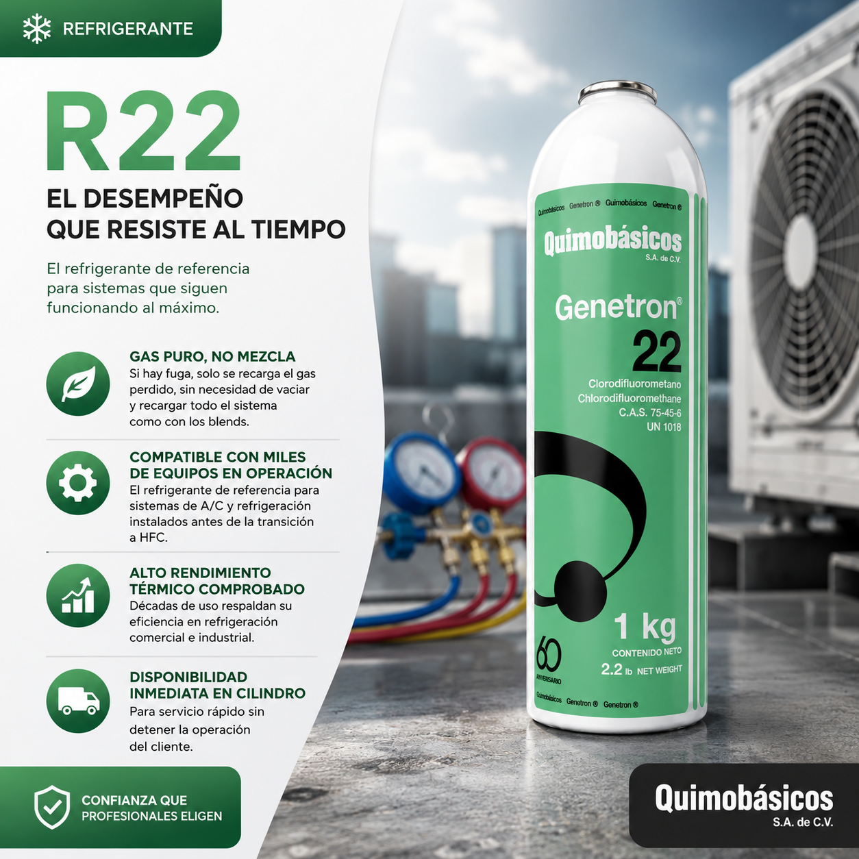 Caja de Gas Refrigerante R-22 1.0 KG Modelo: ATTGT22-1.0KGx12 Marca Genetron