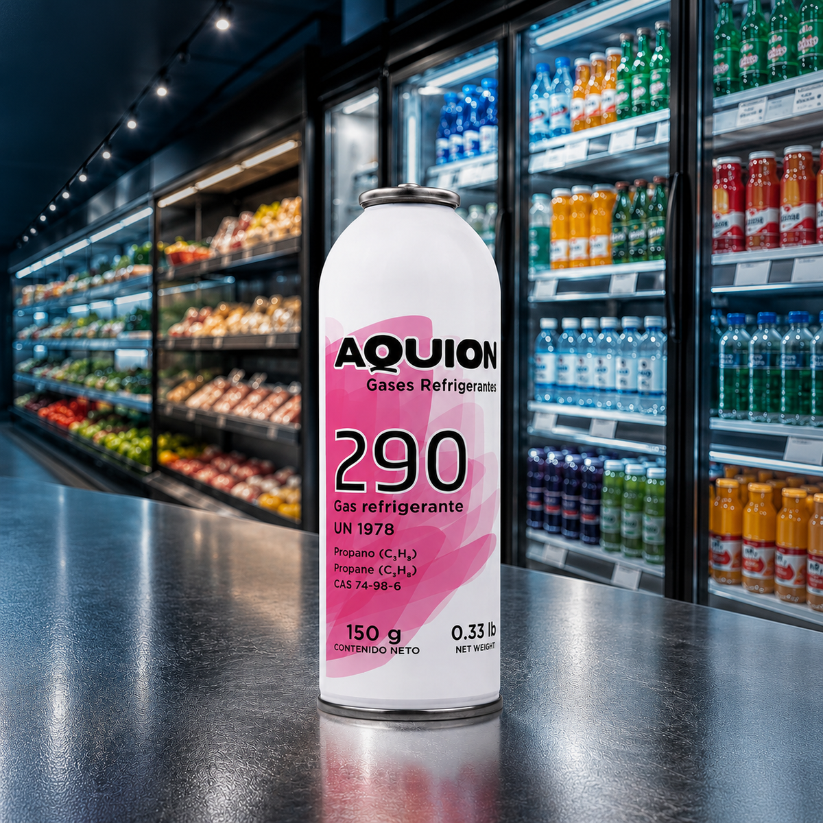 Gas refrigerante R-290 Aquion 150 gr — Propano natural para refrigeración comercial, vitrinas y conservadores de alimentos en supermercados y restaurantes