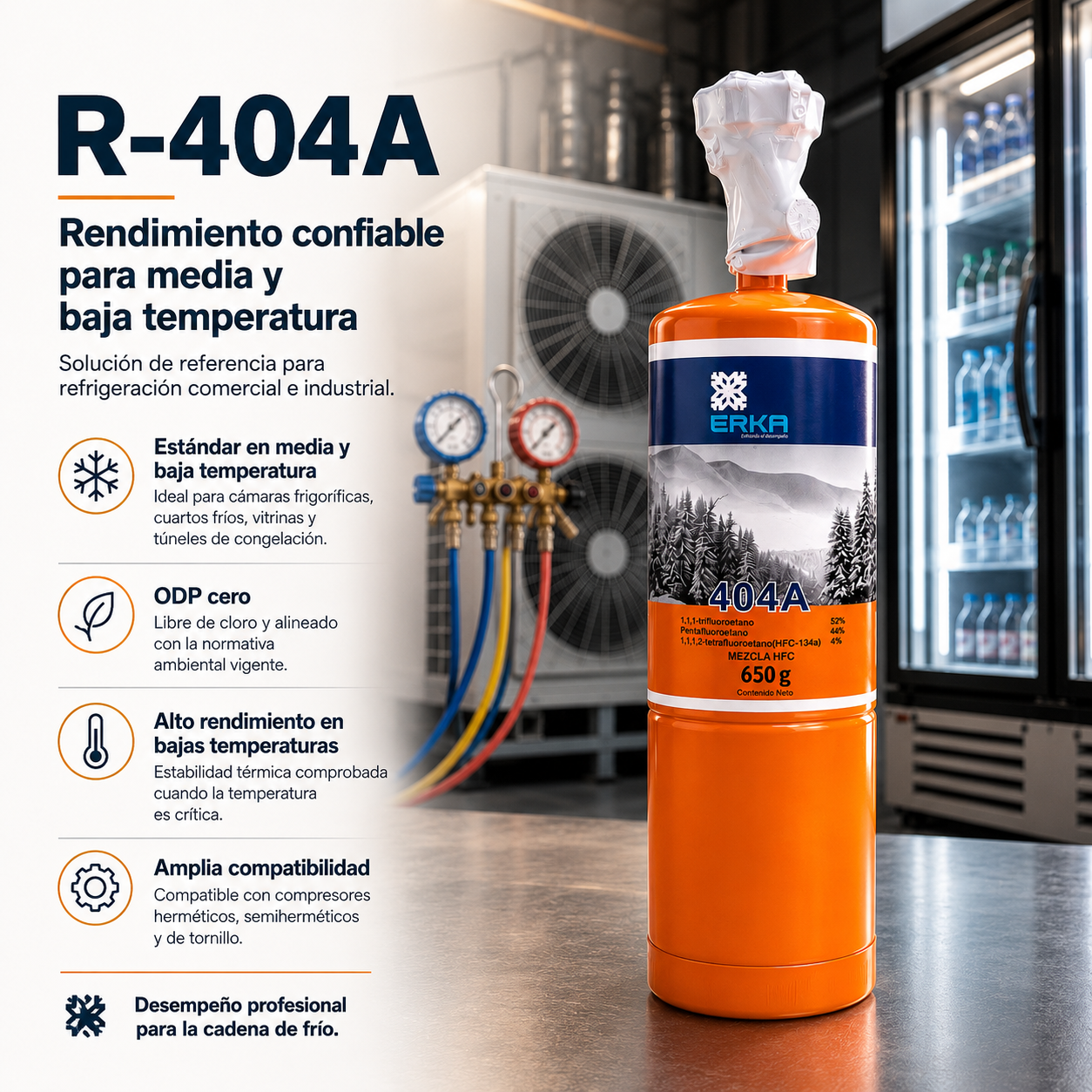 Gas refrigerante R-404A Erka 650 gr — mezcla HFC para refrigeración comercial e industrial, cuartos fríos y vitrinas comerciales en México