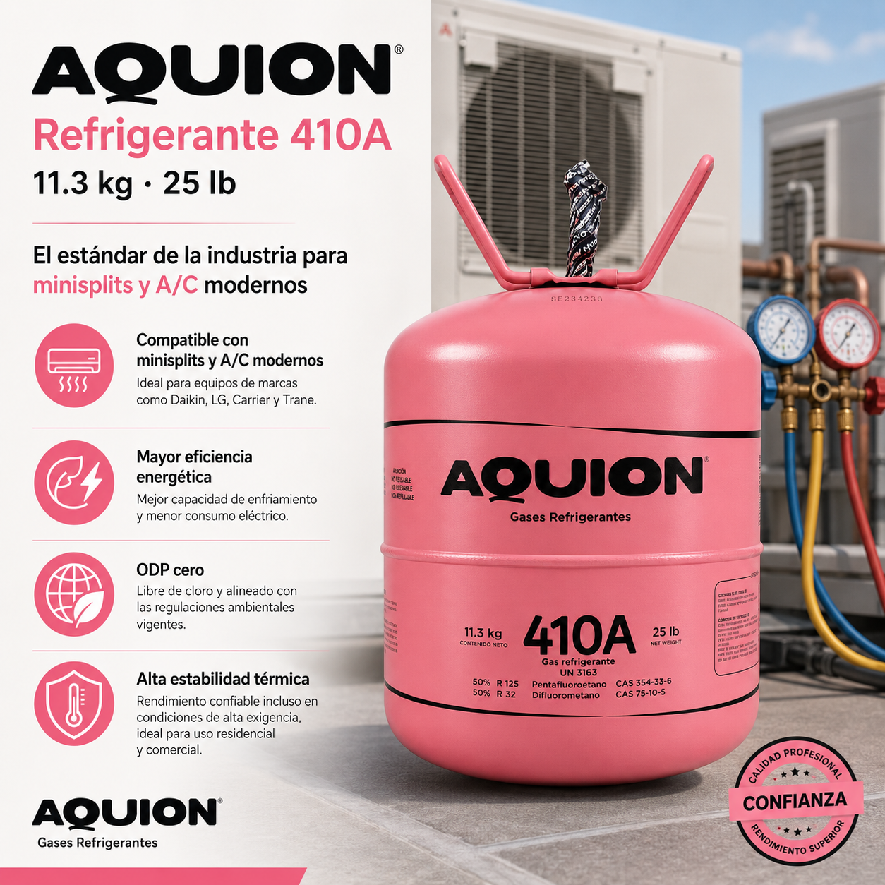 Gas refrigerante R-410A Aquion cilindro 11.3 kg / 25 lb, mezcla HFC R-125 y R-32, uso profesional en aire acondicionado