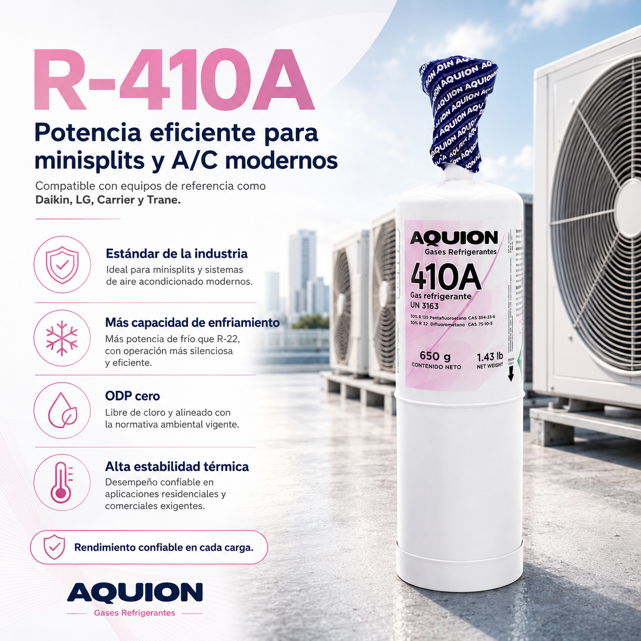 Gas refrigerante R-410A Aquion 650 gr — mezcla HFC para minisplits y aire acondicionado residencial y comercial, ODP cero, México