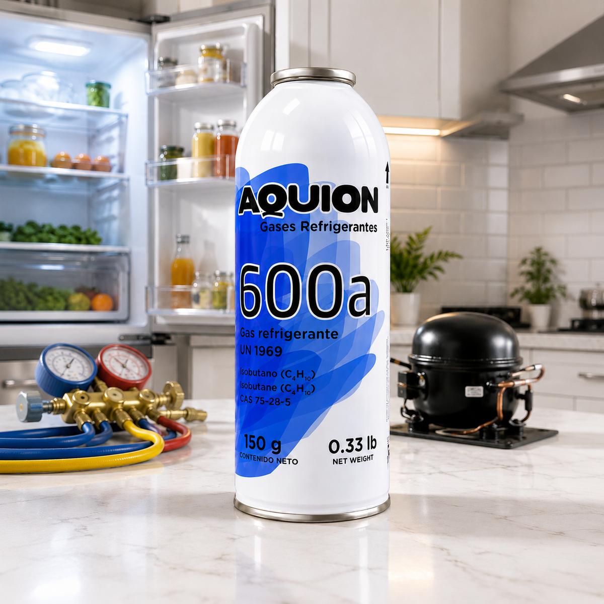 Gas refrigerante R-600a Aquion 150 gr — Isobutano natural para refrigeración doméstica y comercial, ODP cero, bajo impacto ambiental