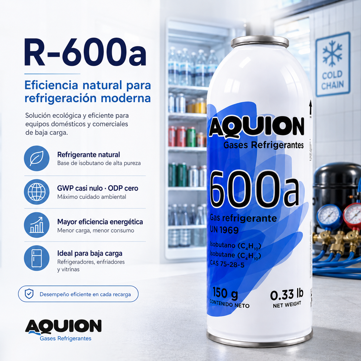 Gas refrigerante R-600a Aquion 150 gr — Isobutano natural para refrigeración doméstica y comercial, ODP cero, bajo impacto ambiental