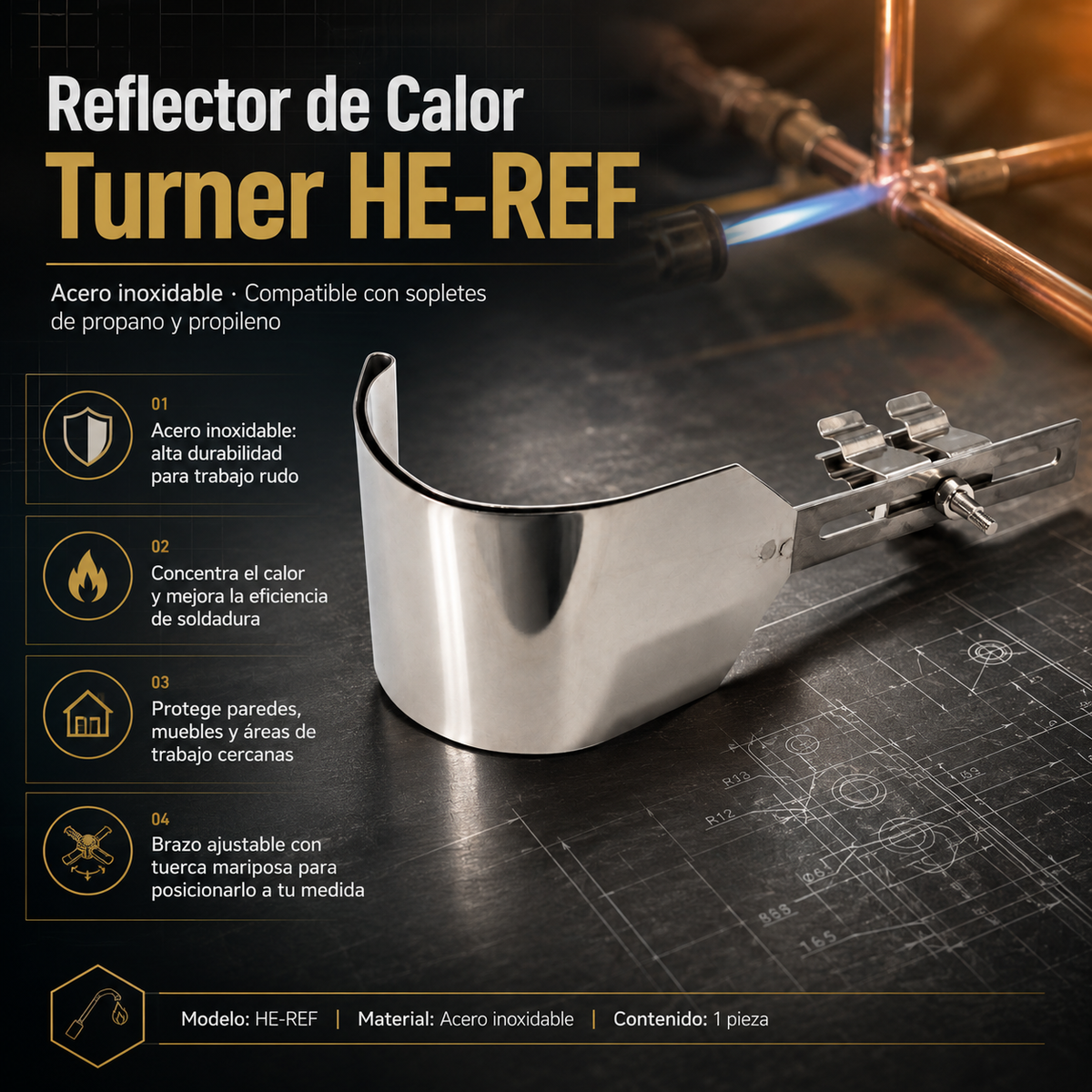 Reflector de calor Turner HE-REF de acero inoxidable con brazo ajustable para soplete