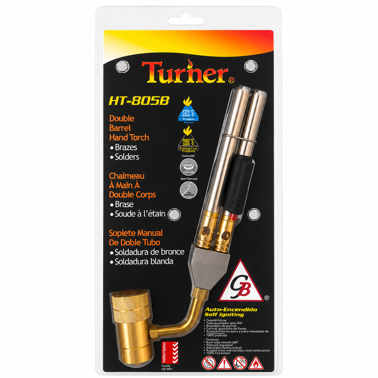 Soplete Turner HT-805B de doble tubo con auto-encendido. Para propano y propileno, tubo giratorio 360° y flama ajustable. Soldadura de bronce y blanda.