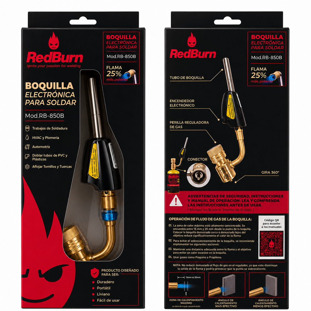 Boquilla electrónica para soldar Red Burn RB-850B — soplete para soldadura HVAC, plomería y automotriz, flama 25% más potente, encendedor electrónico, gira 360°