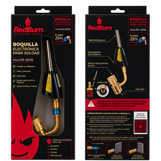 Boquilla electrónica para soldar Red Burn RB-850B — soplete para soldadura HVAC, plomería y automotriz, flama 25% más potente, encendedor electrónico, gira 360°