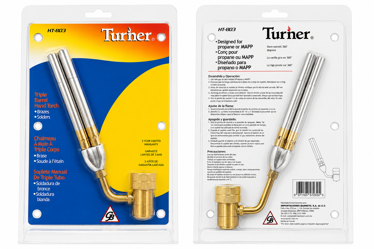 Soplete manual de triple tubo Turner HT-803 — para soldadura de bronce y blanda en sistemas de refrigeración, aire acondicionado y plomería, garantía 3 años