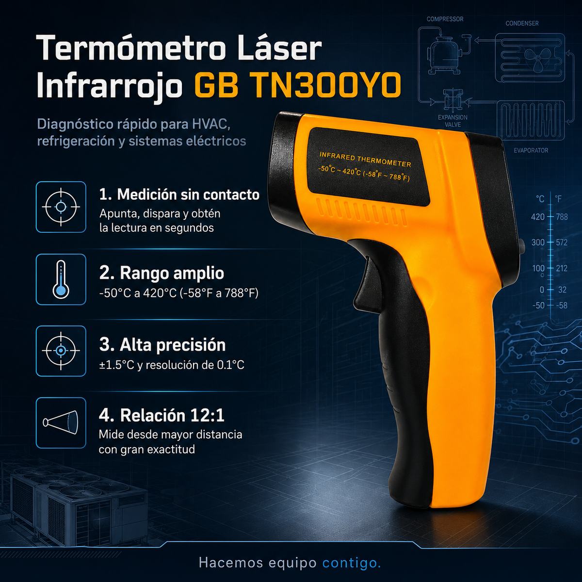 Termómetro láser infrarrojo GB TN300YO. Mide de -50°C a 420°C sin contacto. Ideal para A/C, conexiones eléctricas y refrigeración. Precisión ±1.5°C.
