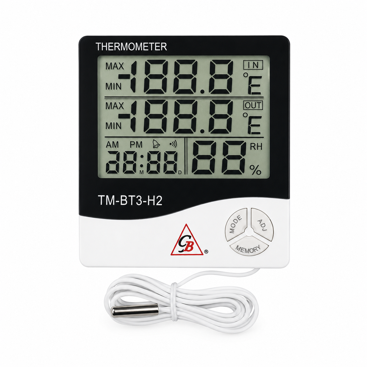 Termómetro digital GB TM-BT3-H2 interior/exterior con higrómetro. Rango -50°C a +70°C, sonda de 2 m y memoria máx/mín. Ideal para cuartos fríos y vitrinas.