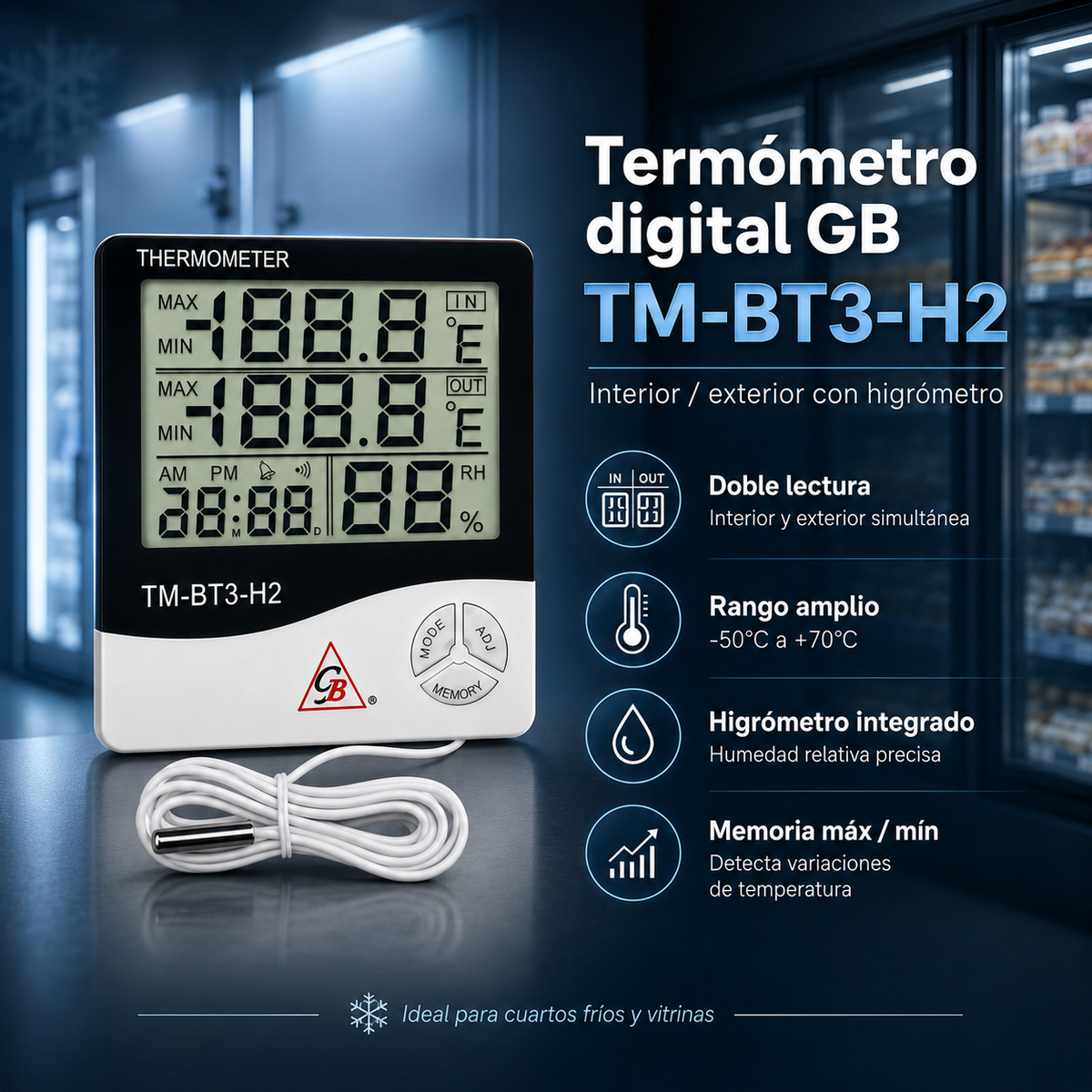 Termómetro digital GB TM-BT3-H2 interior/exterior con higrómetro. Rango -50°C a +70°C, sonda de 2 m y memoria máx/mín. Ideal para cuartos fríos y vitrinas.