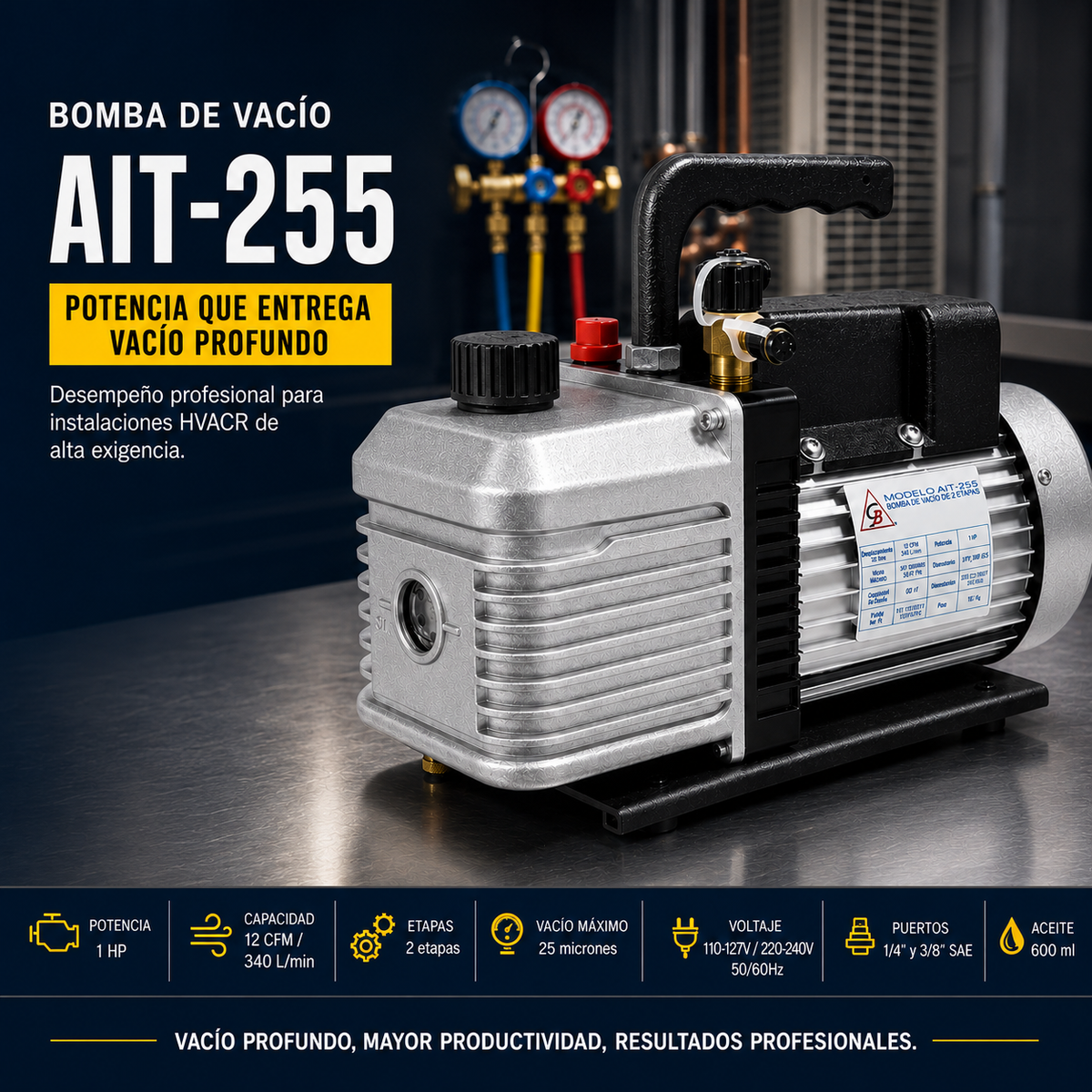 Bomba de vacío AIT-255 de 1 HP, 2 etapas, 12 CFM. Vacío máximo de 25 micrones. Puertos 1/4" y 3/8" SAE. Voltaje universal 110-240V. Uso profesional.