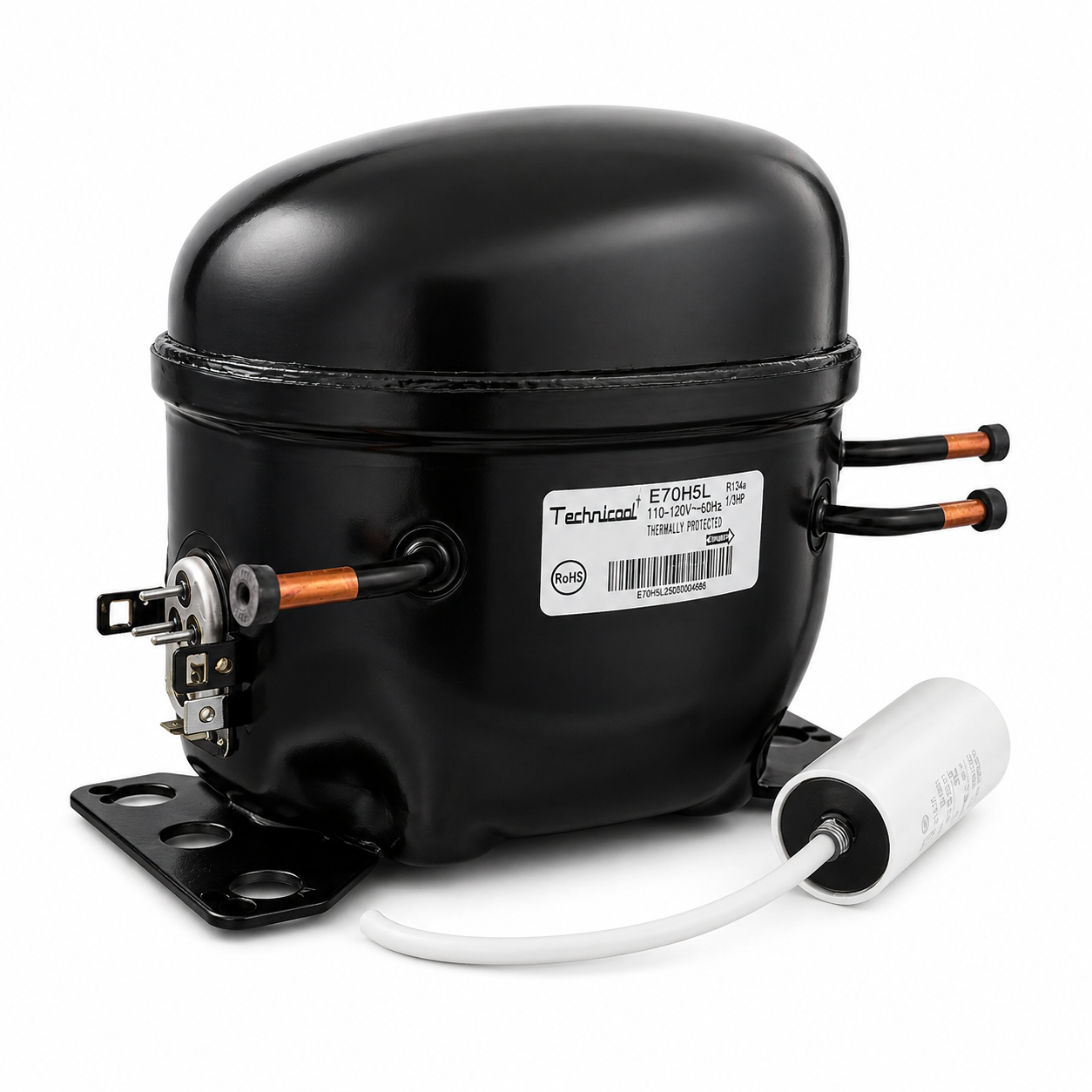 Compresor reciprocante Technicool 1/3 HP modelo E70H5L para refrigeración de baja temperatura con R-134a