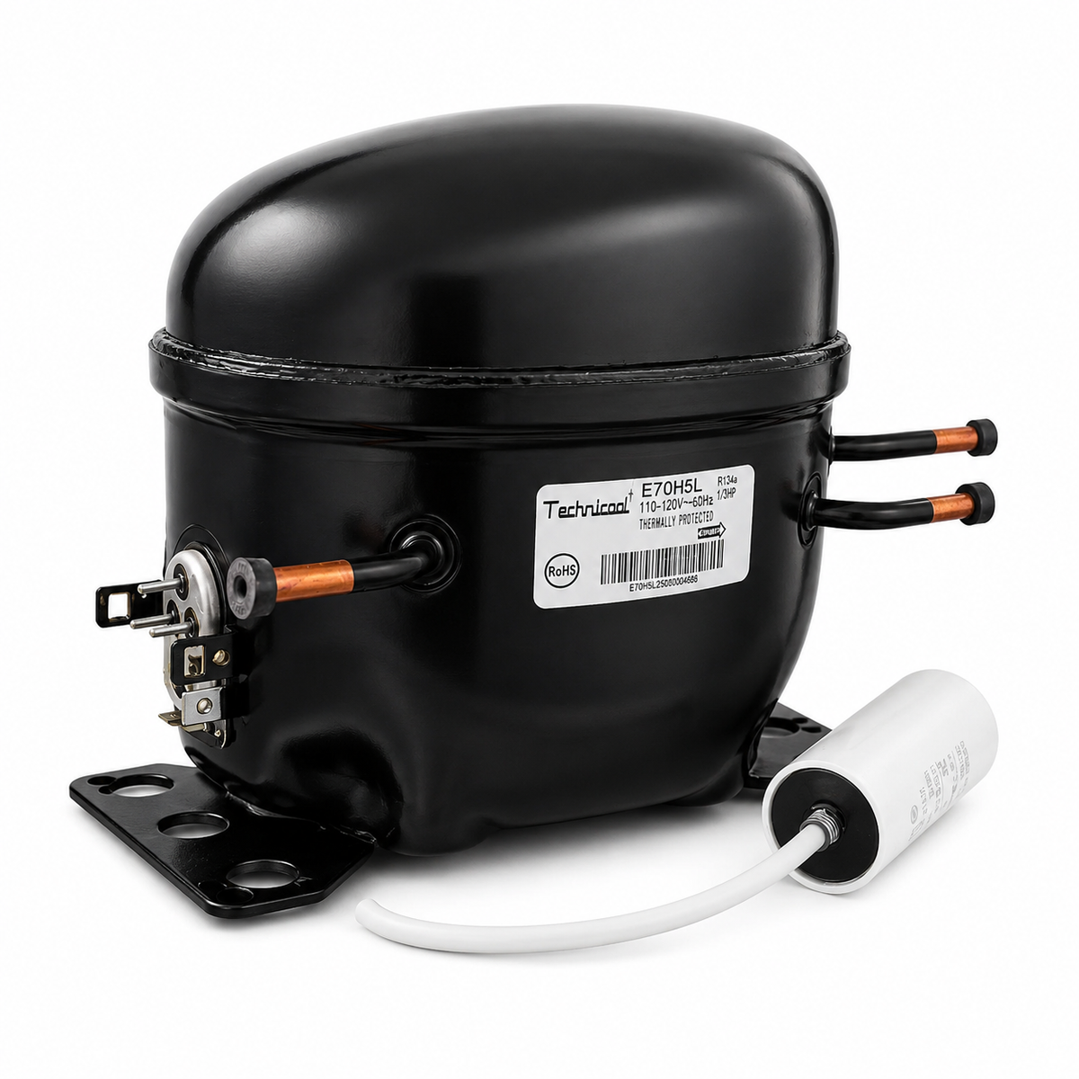 Compresor reciprocante Technicool 1/3 HP modelo E70H5L para refrigeración de baja temperatura con R-134a