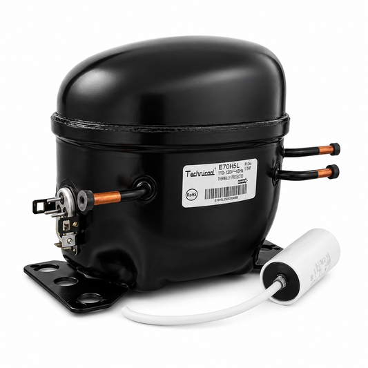 Compresor reciprocante Technicool 1/3 HP modelo E70H5L para refrigeración de baja temperatura con R-134a